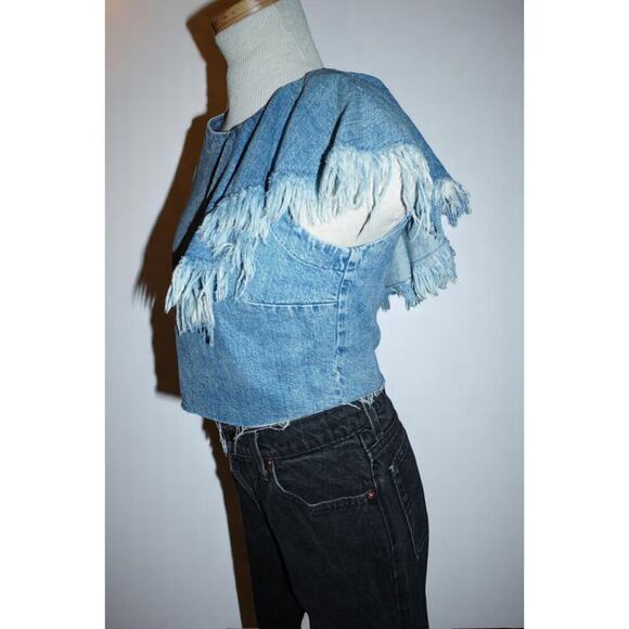 Zara Trafaluc Denimwear Frayed Ruffle Denim Crop Top XS Cotton Fringe Western - Picture 7 of 10